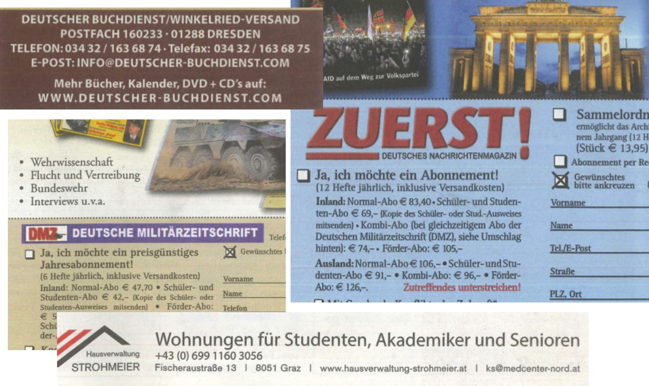 Die Inserate in der "Neuen Aula": "Zuerst", Deutscher Buchdienst, Deutsche Militärzeitschrift, Hausvrwaltung Strohmeier