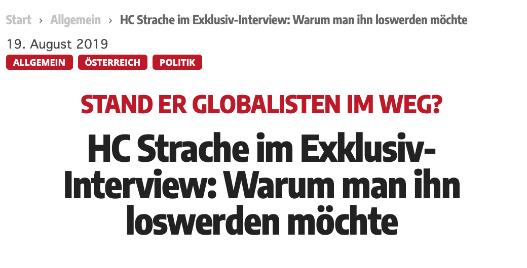 Titel Strache-Interview im Wochenblick: "Stand er Globalisten im Weg?"