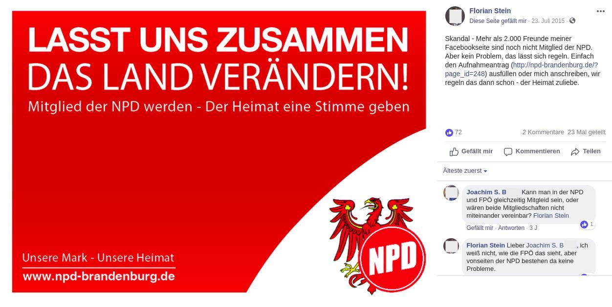 Joachim S. B. fragt bei der NPD an, ob denn eine Doppelmitgliedschaft in NPD und FPÖ möglich ist.