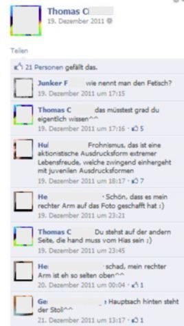 Facebookunterhaltung (2011): Thomas K.-C., H.G. (Mitarbeiter Kabinett Hofer und Ex-Obmann Franko-Cherusker), H.E. (Pressereferent im FPÖ-Parlamentsklub)