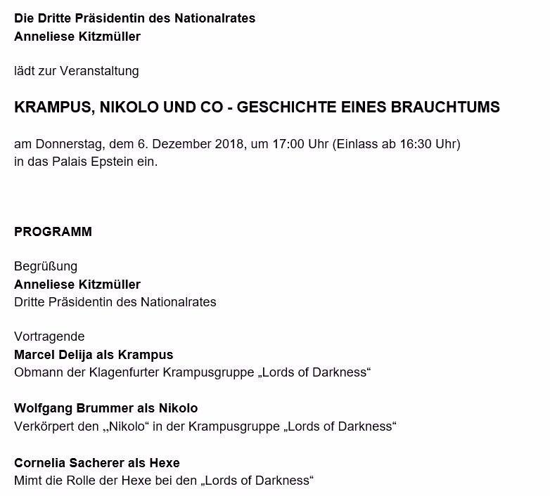 Einladung ins Parlament von Anneliese Kitzmüller zu "Krampus, Nikolo und Co"