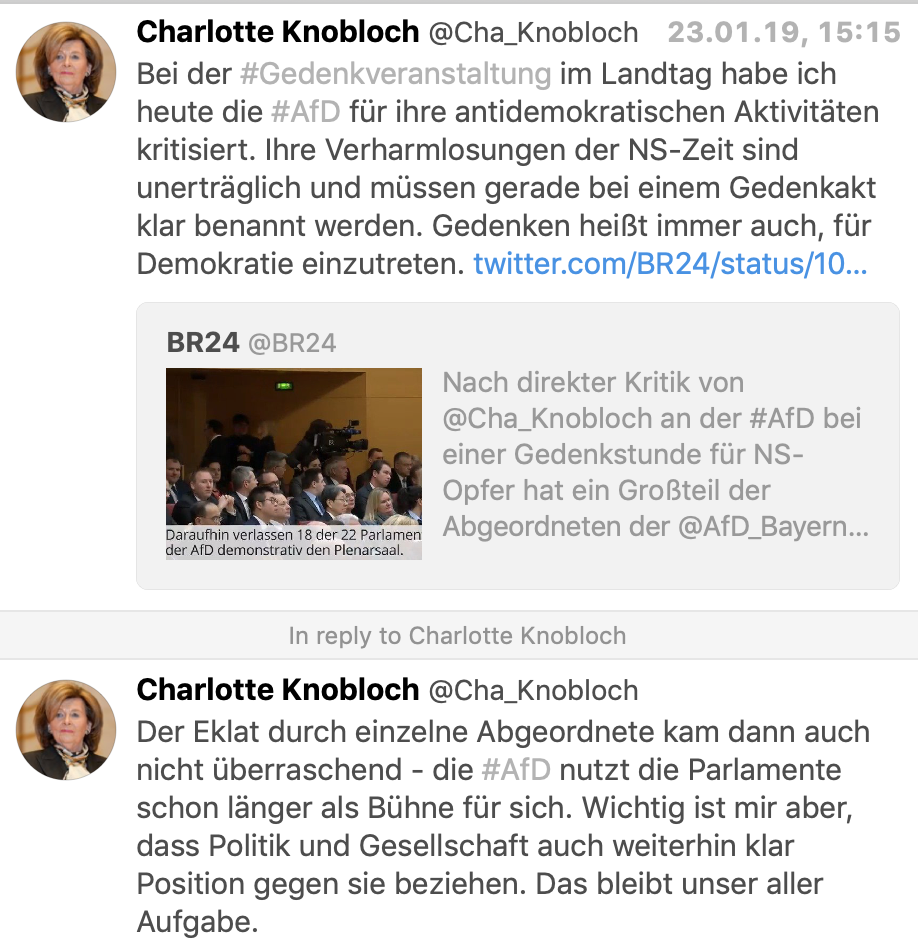 Charlotte Knobloch in Reaktion zur AfD (Twitter)