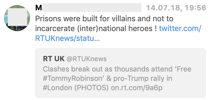 M.L. bezeichnet auf Twitter den Rechtsextremen Tommy Robinson als "Held"