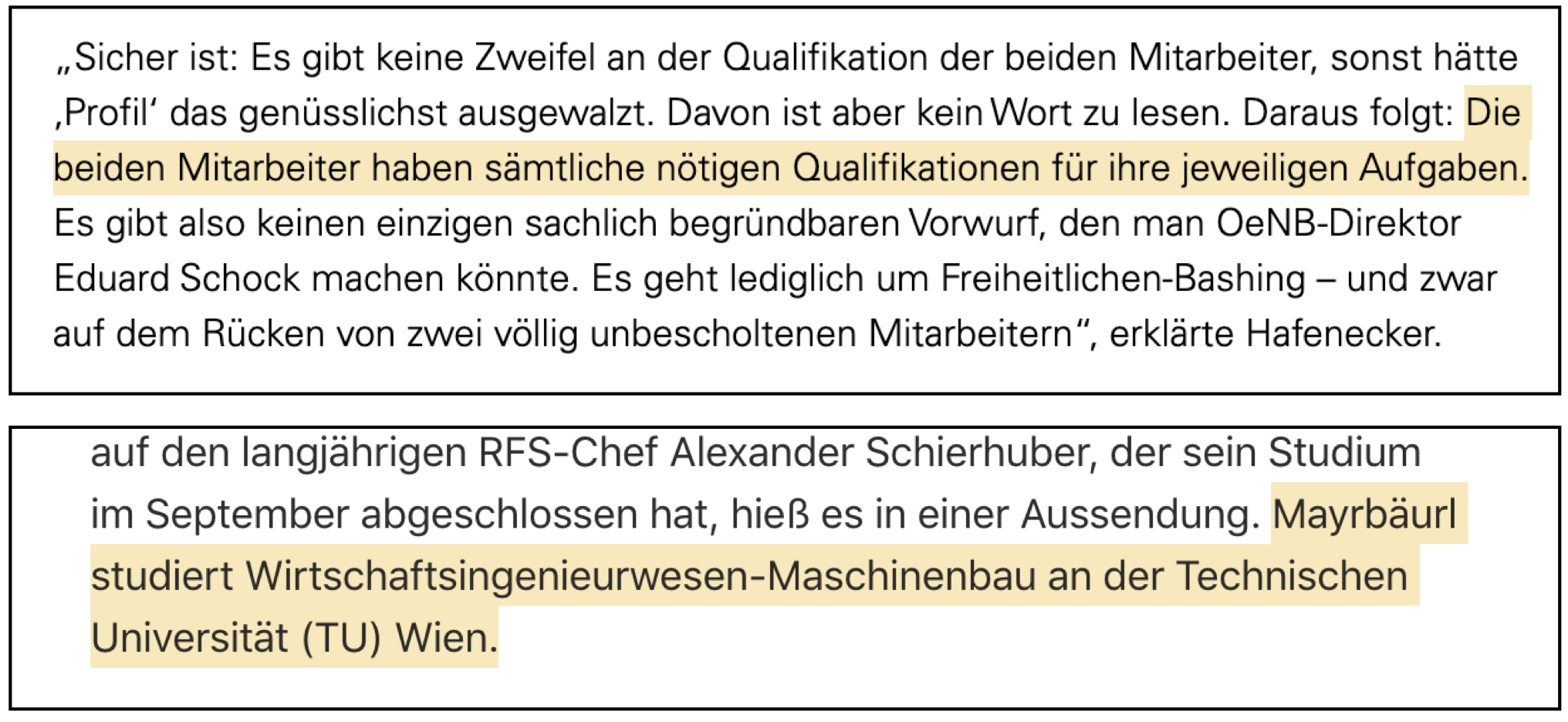 OTS Hafenecker und Studium Mayrbäurl (nach Angabe des RFS)