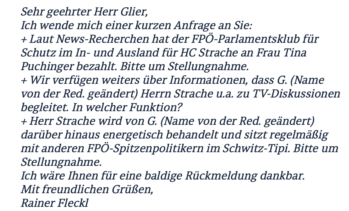 "News" in einer Anfrage an den FPÖ-Pressemitarbeiter Martin Glier (22.5.2015)