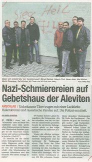 Zeitungsbericht über den Anschlag auf das Gebetshaus der Aleviten in St. Pölten, im Mai 2010