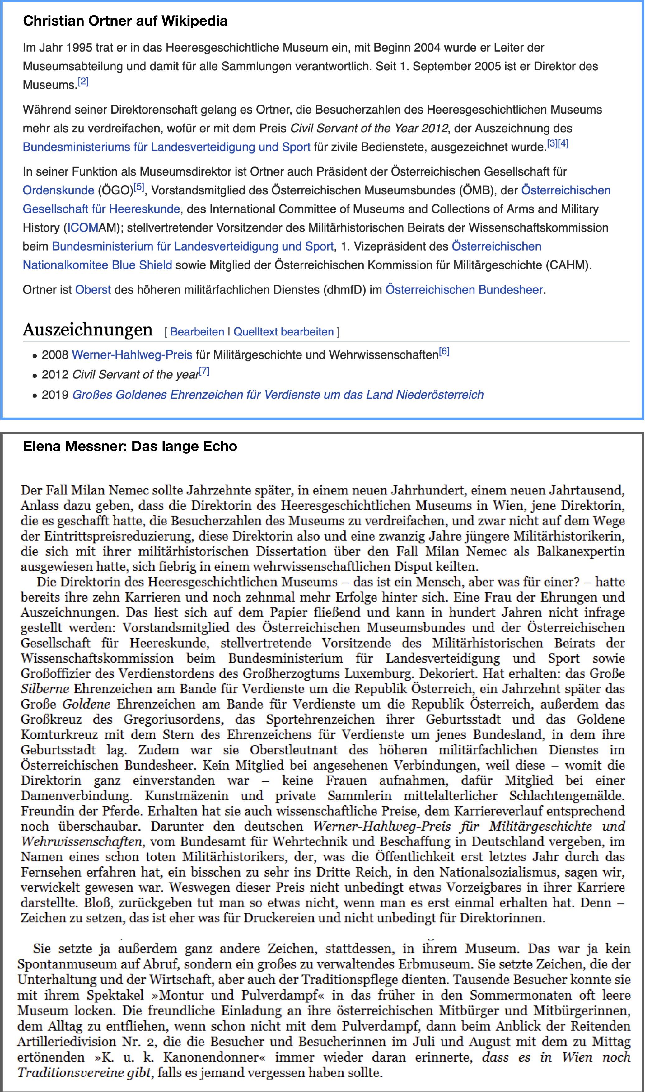 Museumsdir. Ortner im Wikipedia-Eintrag und Ausschnitt Elena Messner, Das lange Echo