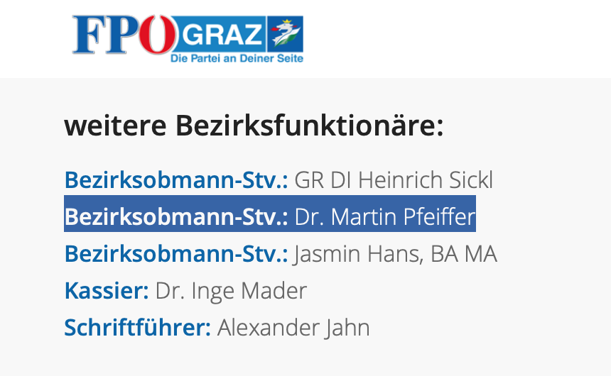 Martin Pfeiffer auf der FPÖ-Website als Bezirksobmann-Stellverteter in der FPÖ St. Leonhard/Graz