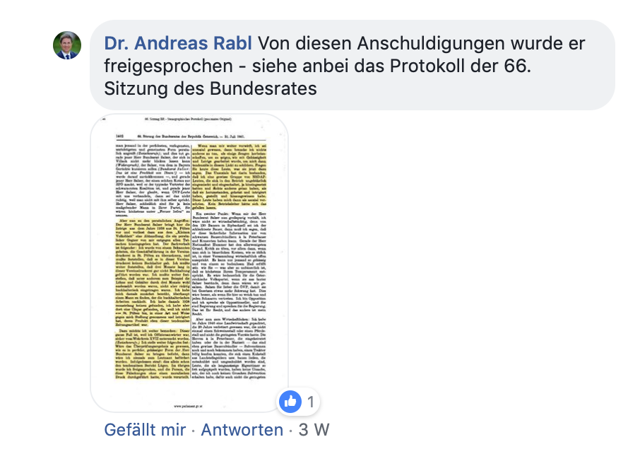 Andreas Rabl beruft sich auf die Rede seines Großvater im Bundesrat (Screenshot Facebook)