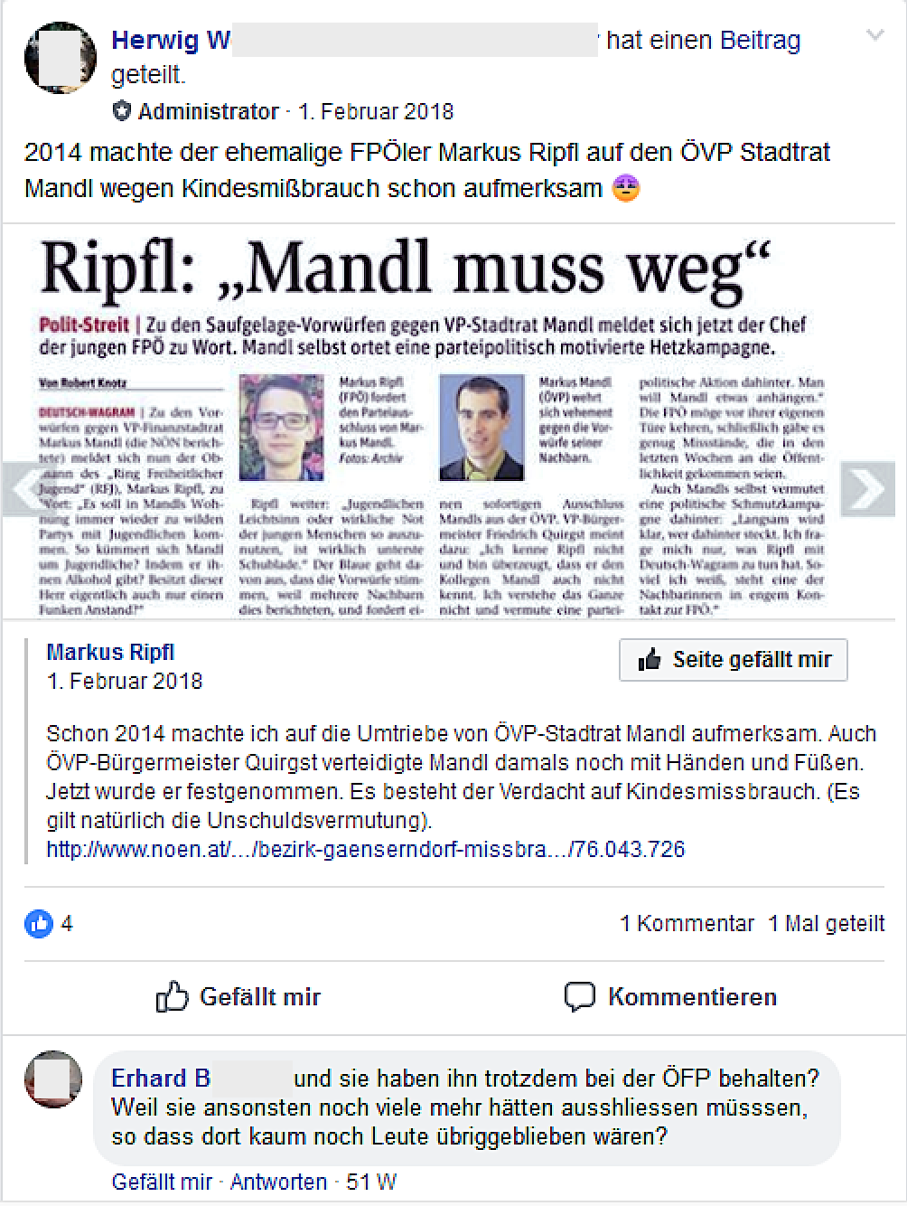 Ripfl-Posting wird nach seinem Parteiausschluss in der Gruppe "FPÖ Seitenadminitratoren" geteilt