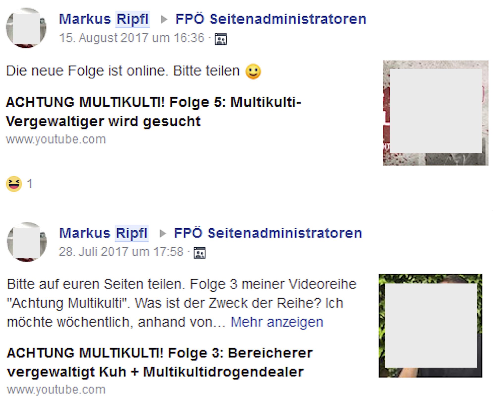 Markus Ripfl wirbt in der Gruppe "FPÖ Seitenadminitratoren" für seinen hetzerischen Youtube-Kanal