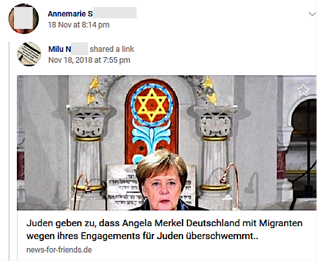 S. postet Link zu: "Juden geben zu, dass Angela Merkel Deustchland mit Migranten wegen ihres Engagemenst für Juden überschwemmt.." (vk.com)