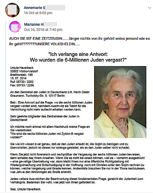 S. teil die Holocaustleugnerin Ursula Haverbeck: "Wo wurden die 6-Millionen Juden vergast?" (vk.com)