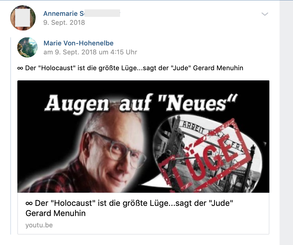 „Der 'Holocaust' ist die größte Lüge...sagt der "Jude" Gerard Menuhin” (vk.com 9.9.18)