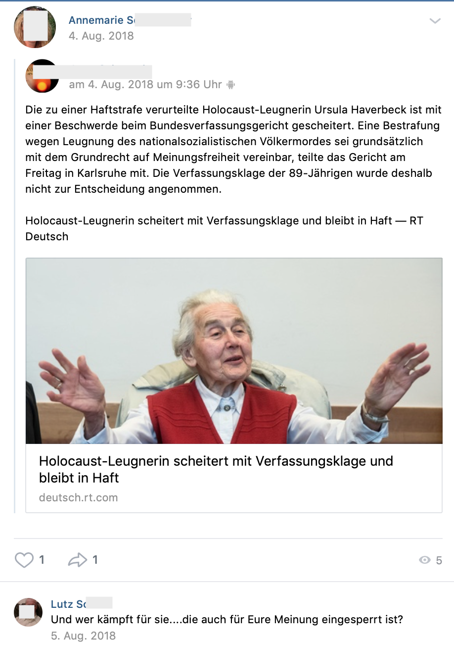 Meldung zur Holocaustleugnerin Ursula Haverbeck (vk.com 4.8.18)
