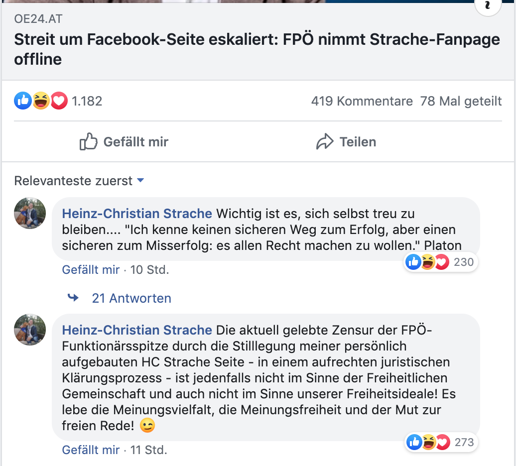 Strache auf seinem FB-Profil zur Stilllegung seiner Seite: "Die aktuell gelebte Zensur der FPÖ-Funktionärsspitze ..."