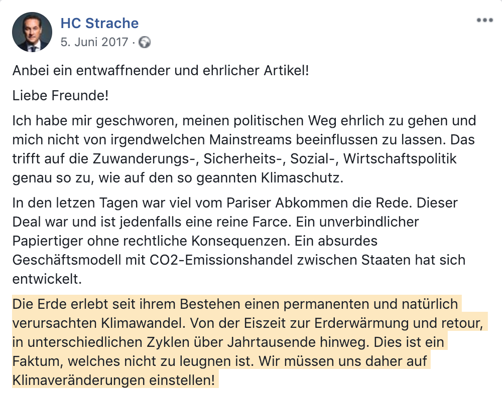 Strache "natürlich verursachter Klimawandel" (Facebook 2017)