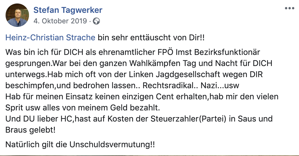 Stefan Tagwerker: "Heinz-Christian Strache bin sehr enttäuscht von Dir!!"