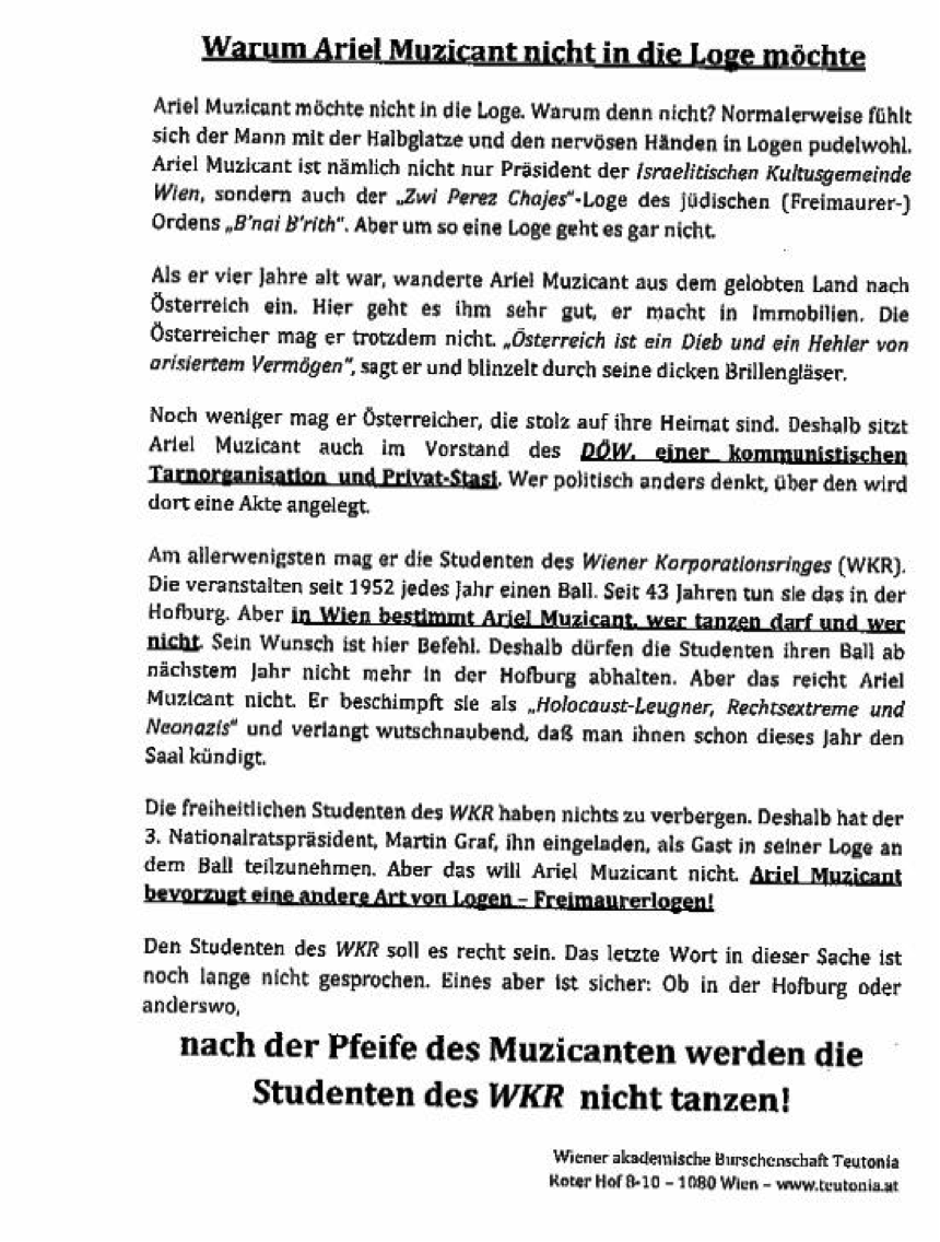 Teutonia: antisemitisches Flugblatt gegen Ariel Muzicant gerichtet (2012)