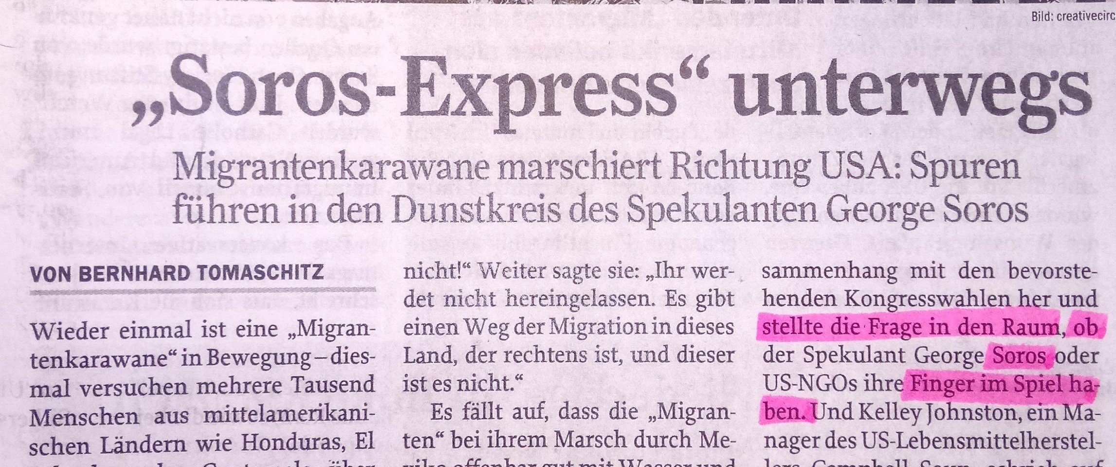 Bernhard Tomaschitz in „Zur Zeit“ Ausgabe 45/18 "Migrantentkarawane" als "Soros-Express"