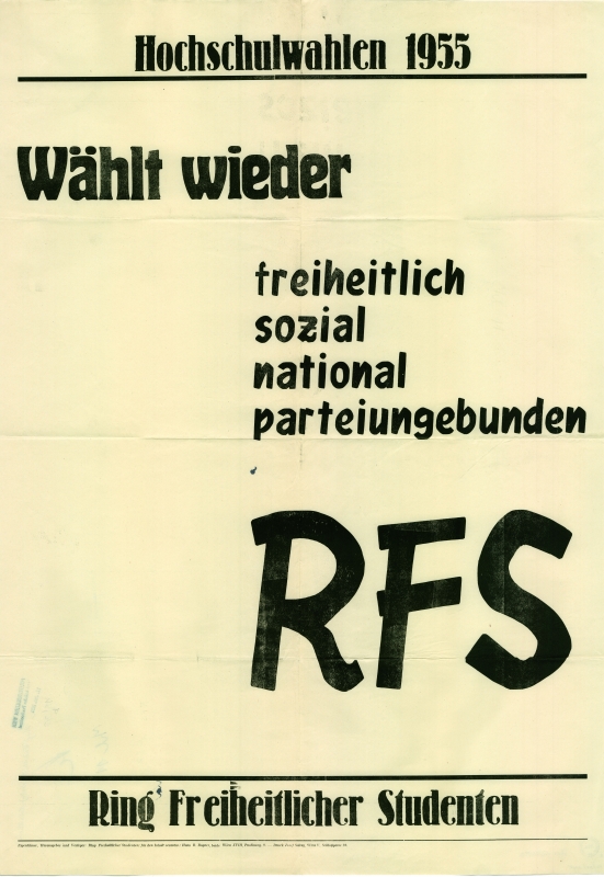 Plakat des RFS zur ÖH-Wahl 1955 - "Wählt wieder freiheitlich, sozial, national, parteiungebunden - RFS" - Bildquelle: ÖNB-BA, InvNr PLA16550505