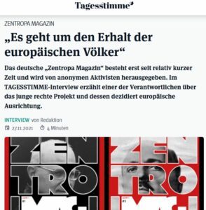 Faschist. Magazin "Zentromag" von der identitären "Tagesstimme" beworben