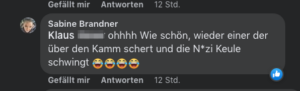 Brandner auf Hinweis zum Lachout-Dokument auf ihrem FB-Account: "Wie schön, wieder einer der über den Kamm schert und die N*zi Keule schwingt ?"