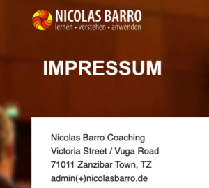 Nicolas Barro mit Adresse in Tansania (Screenshot Website)