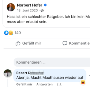 Kommentar von Robert D. noch immer online (Screenshot FB)