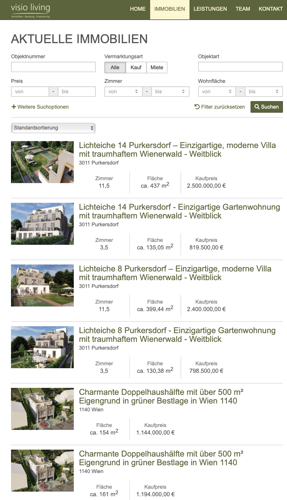 Als es die "Visio Living" noch mit Höbart, Pospichal und Wareka gab: 3 Projekte von Dr. Schmidt und Partner im Angebot - Lichteiche 8, Lichteiche 14 und Sofienalpe 23 in Wien (Screenshot Website; hier gesichert)