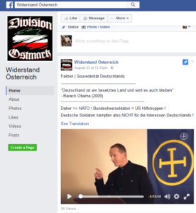 "Widerstand Österreich" mit "Division Österreich"-Logo und Verlinkung auf ein Video mit Bernhard Schaub/Europäische Aktion (Screenshot FB)