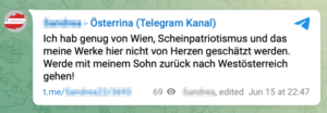 A.H.: "Werde mit meinem Sohn zurück nach Westösterreich gehen!" (Screenshot TG)