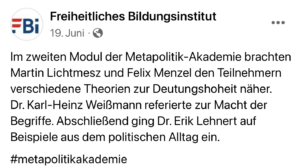 Das Freiheitliche Bildungsinstitut über seine "Metapolitik"-Referenten (Screenshot FB, 19.6.23)