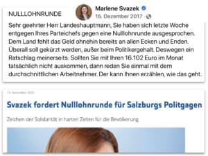 Marlene Svazek fordert 2017 und 2020 eine Nulllohnrunde für Politiker*innen (2017 FB-Seite Svazek; 2020 Website FPÖ-Sbg.)