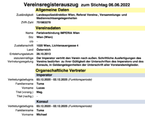 Ferialverbimdung Imperia, Vereinsregisterauszug mit Lucas Tuma als "Imperator" und Michael Tuma als "Konsul" (abgerufen am 6.6.22)