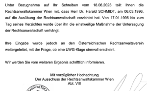 Rechtsanwaltskammer zur Causa Schmidt (Schreiben an SdR 13.7.23)