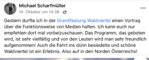 Scharfmüller über seinen Vortrag in der Granitfestung (FB Michael Scharfmüller 14.10.23)