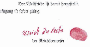 Der "Reichsverweser" des Bundesstaats Preußen schickt eine "Anweisung" an die "United Nation" - mit Fingerabdruck (Screenshot Website Bundesstaat Preußen)