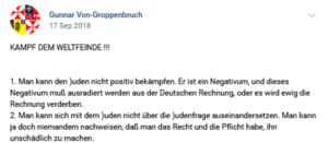 Gunnar R.: "Kampf dem Weltfeinde !!! Man kann den )uden nicht positiv bekämpfen. ..." (Screenshot vk 17.9.18)