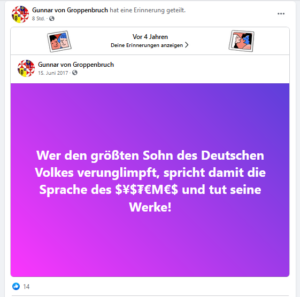 Gunnar R.: "den größten Sohn des Deutschen Volkes" (Screenshot FB)