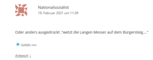 User "Nationalsozialist" kommentiertz am Blog von Gunnar R. (19.2.21)