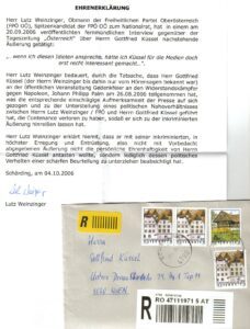 Ehrenerklärung von Lutz Weinzinger an Gottfried Küssel (4.10.2006)
