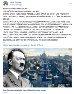 Horst S. lobt Hitler: "ES IST AUCH EIN VERDIENST DIESES GRÖSSENWAHNS HITLERS DAS ES VIELE GUTE UND SCHLECHTE ERFINDUNGEN GAB DIE MAN DEN DEUTSCHEN RAUBTE - VORALLEM AMERIKA HAT ALLE SOLCHE IDEEN AN SICH GERISSEN UND SPÄTER PATENTIEREN LASSEN - UM SICH HEUTE TYPISCH FASCHISTEN AMIS DAMIT ZU RÜHMEN !" (Screenshot vk, 3.12.23)