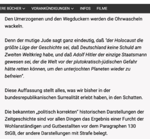 Horst S. postet Textstelle aus neonazististischem Schelm-Verlag zu Menuhims Buch: "Den Umerzogenen und den Wegduckern werden die Ohrwascheln wackeln. Denn der mutige Jude sagt ganz eindeutig, daß "der Holocaust die größte Lüge der Geschichte sei, daß Deutschland keine Schuld am Zweiten Weltkrieg habe, und daß Adolf Hitler der einzige Staatsmann gewesen sei, der die Welt vor der plutokratisch-jüdischen Gefahr hätte retten können, um den unterjochten Planeten wieder zu befreien". (Screenshot Schelm-Verlag)