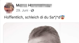 M.H. zu Michel Friedmann (der äußerte, auswandern zu wollen, wenn die AfD in eine Regierung käme): "Hoffentlich, schleich di du Sa*j*d"