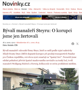 Steyr-Pandur-Korruptionsskandal in Medien – Titel: "Ehemalige Steyr-Manager: Wir haben nur Witze über Korruption gemacht" (Screenshot Novinky.cz)