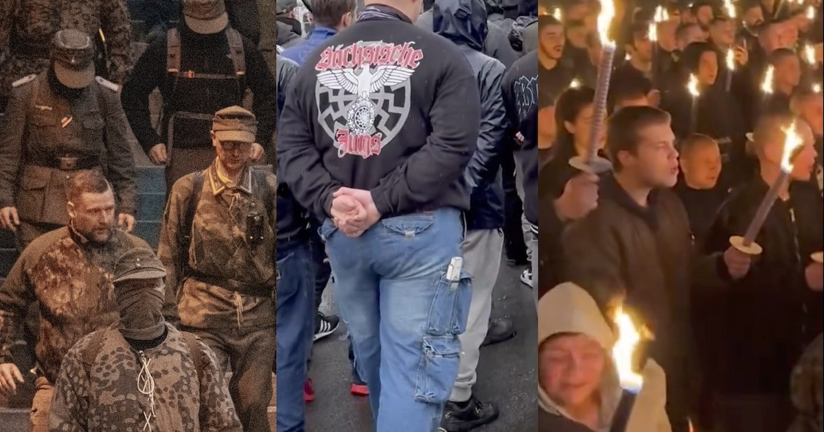 Neonazi-Aufmärsche in Budapest, Dresden & Sofia 2024 (v.l.n.r.: Foto 1: Theo Winkler, Foto 2: Screenshot Video "Endstation Rechts", Foto 3: Screenshot Video "democ"