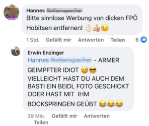 Enzinger: Geimpfter Idiot, Beidl Foto ... (Screenshots FB Enzinger 5.2021)