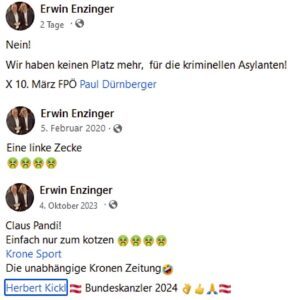 Postings Enzinger: kriminelle Asylanten, Zecken, zum kotzen (Screenshots FB Enzinger)