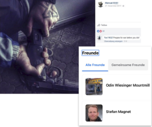 FB-Account von Manuel E. mit Odin Wiesinger und Stefan Magnet in der Freundesliste (Screenshot Foto mit Pistole 2017; Screenshot "Freunde" 13.3.24)